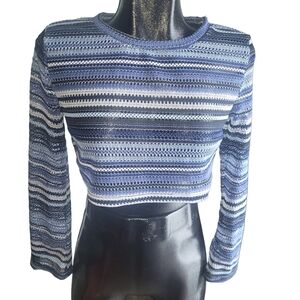 Shein Striped Blue & White Long Sleeve Eyelet Knit Top XS